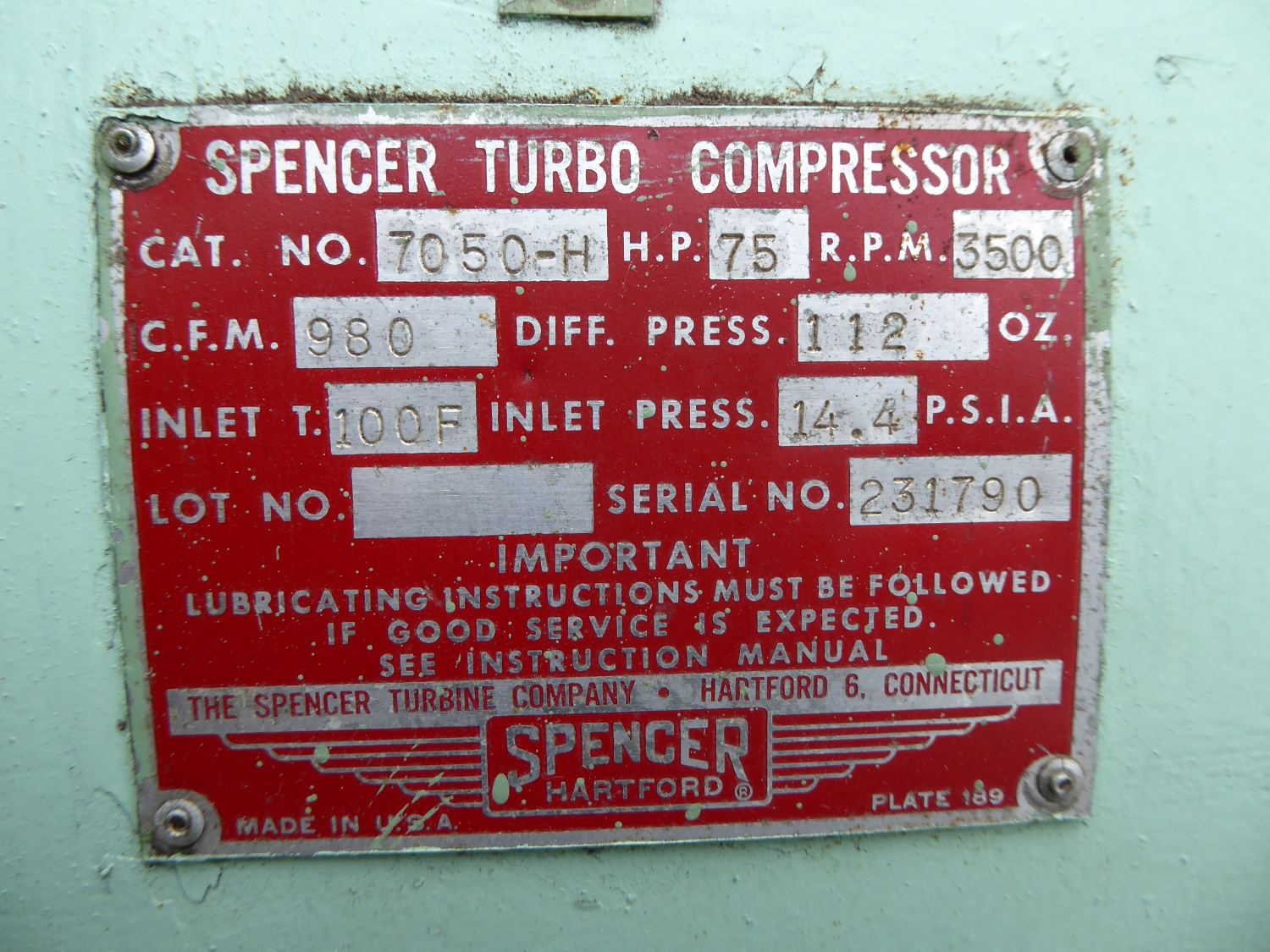 Used Agitation Blower - Spencer Turbo Compressor 75 HP Steel Air Agitation Blower-Blowers - Agitation