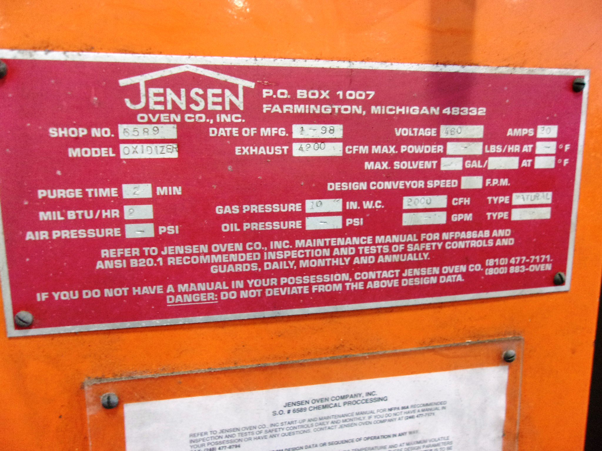 Used Oven - Jensen Model 2000 SCFM Catalytic/Thermal Oxider O2098-Ovens